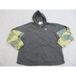 Adidas Jacket Mens Large Black Camo Hooded Full Zip Trefoil Windbreaker‎ FM3359